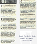 "Food Matters" column from the November 1, 2001 issue of the City Weekly newspaper, which featured Shenanchie's Kitchen and the first article about Japan. Click on image to view larger size in a new window.
