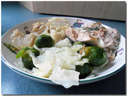 Today's Lunch: Salmon filets, scalloped potatoes, cabbage & Brussels sprouts. Click on image to view larger size in a new window.