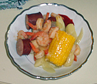 Sausage, shrimp, peppers and corn-on-the-cob, May 2008.