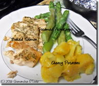 Baked Salmon serving suggestion (with steamed asparagus and Easy Cheese Potatoes). Click on image to view larger size in a new window.