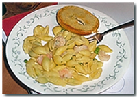 Shrimp & Shells with a toasted bagel.