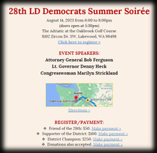 Event flyer for the 28th LD Democrats Summer Soirée