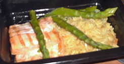Sunday Dinner: Grilled salmon filets, rice pilaf and steamed asparagus.