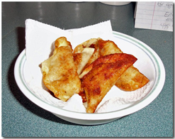 Leftover filling/eggroll wrappers fried in hot oil. Click on image to view larger size in a new window.
