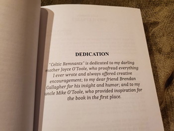 The dedication page inside the paperback edition of "Celtic Remnants". Click on the image to view larger size in a new window.