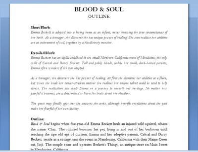 Outline for "Blood & Soul" by Deborah O'Toole writing as Deidre Dalton. Click on image to view larger size in a new window.