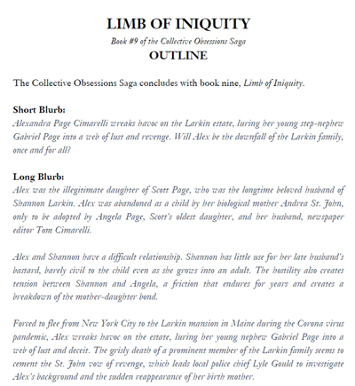 Work in progress: Outline for the upcoming "Limb of Iniquity," book #9 in the Collective Obsessions Saga. Click on image to view larger size in a new window.