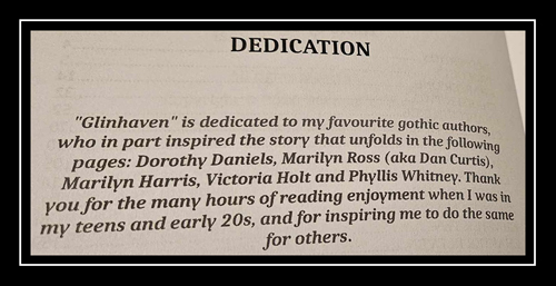Dedication from "Glinhaven" by Deborah O'Toole. Click on image to view larger size in a new window.