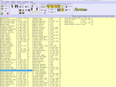 Worksheet page of Famtree, depicting the Larkin-Sullivan families. Click on image to view larger size in a new window.