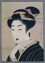 Hanging scroll of a Geisha from the 1800s. Click on image to view larger size in a new window.