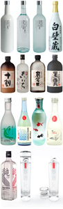 An assortment of sake bottles. Click on image to view larger size in a new window.