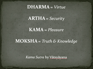 Terms used in "Kama Sutra" (describing the various stages of life) come from the "Laws of Manu." They include Dharma (gaining religious merit; re: virtue), Artha (acquiring wealth and property; re: security), Kama (love and sensual gratification; re: pleasure), and Moksha (liberation from the cycle of re-birth; re: truth and knowledge). Click on image to view larger size in a new window.
