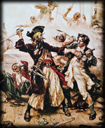 Portrait of the Capture of the Pirate Blackbeard, 1718 depicting the battle between Blackbeard and Lieutenant Maynard in Ocracoke Bay. Click on image to view larger size in a new window.