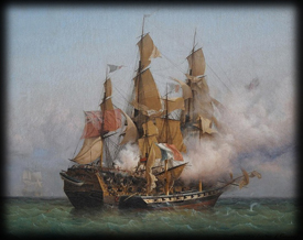 Fight between the French Confiance (led by French privateer Robert Surcouf) and the Kent (captained by Robert Rivington) in Calcutta (Kolkata) on 7th October 1800, which resulted in the capture of the Kent. Portrait by Ambroise Louis Garneray  (1783–1857). Click on image to view larger size in a new window.