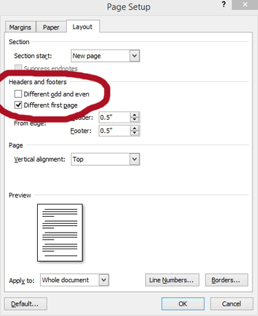 MS Word text documents: remove number from 1st page only. Click on image to view larger size in a new window.
